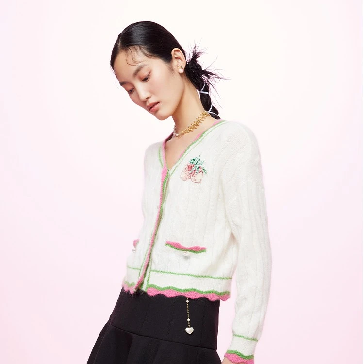 COCOON/可可尼波浪边设计感小开衫复古长袖绣花23101AC311316012