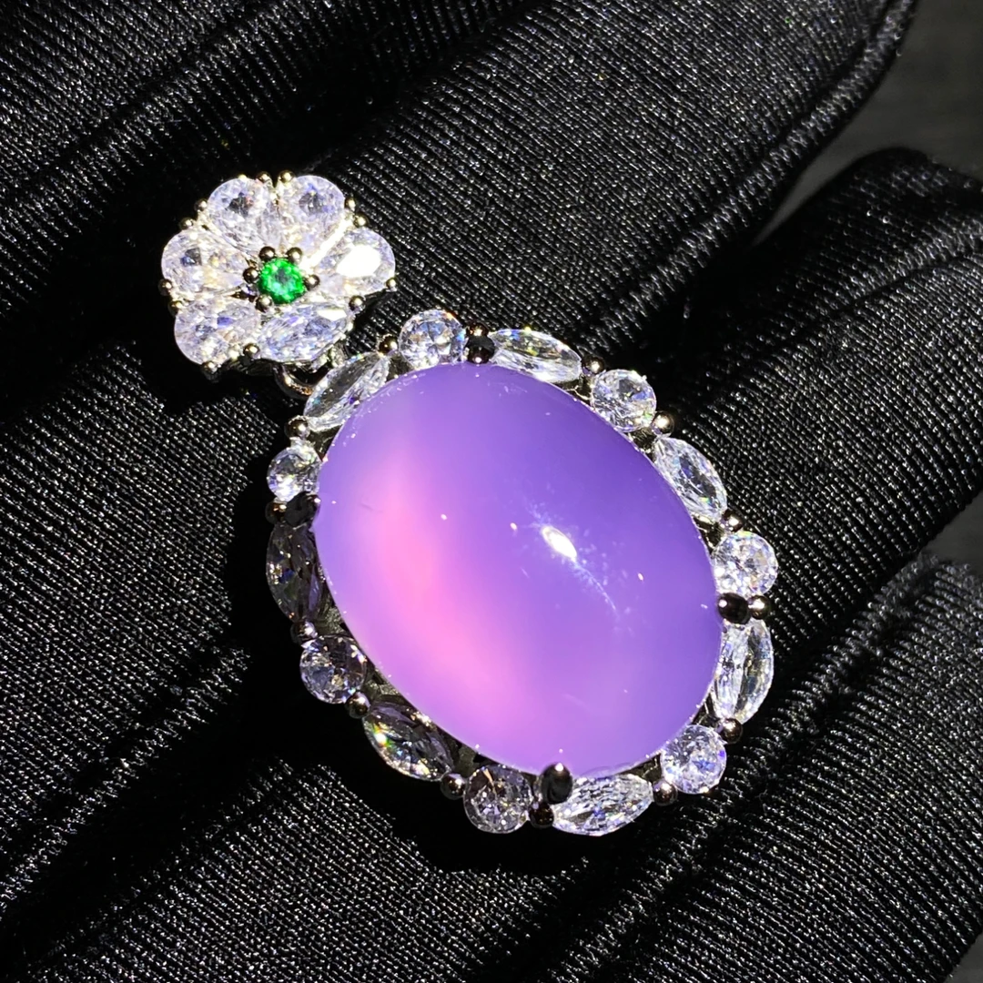 绘龄珠宝/天然紫色玉髓时尚气质轻奢双层封底鸽子蛋蛋面吊坠