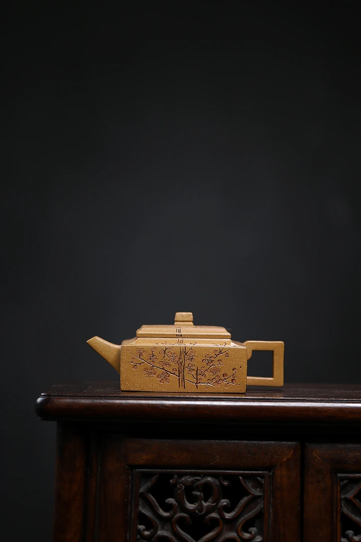 宜兴紫砂壶纯手工电窑烧制出水暴爽断水利落带刻绘黄金段方山逸士