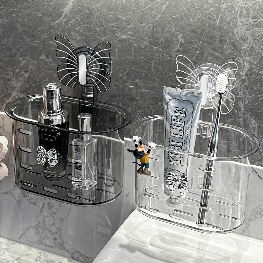 蝴蝶吸盘洗脸巾挂篮置物架壁挂式免打孔卫生间收纳架透明收纳筐