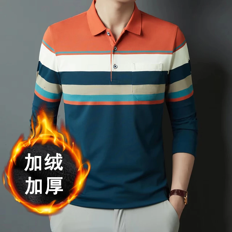 冬季爸爸装长袖T恤口袋款休闲商务男装翻领大码中青年条纹加绒厚