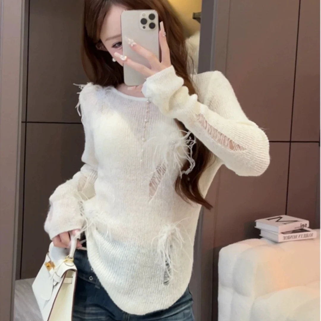 《猪猪出品》羽毛针织衫时尚网红长袖显瘦镂空百搭145