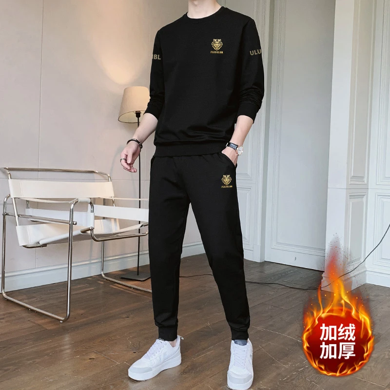 加绒加厚运动套装20男士秋冬季新款圆领套装青年男士休闲潮流衣服