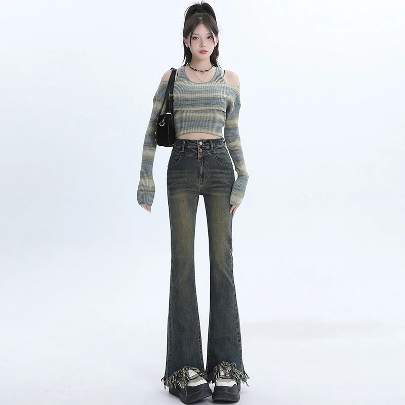 流苏毛边微喇牛仔裤女春款2024新款高腰弹力修身显瘦喇叭拖地裤子