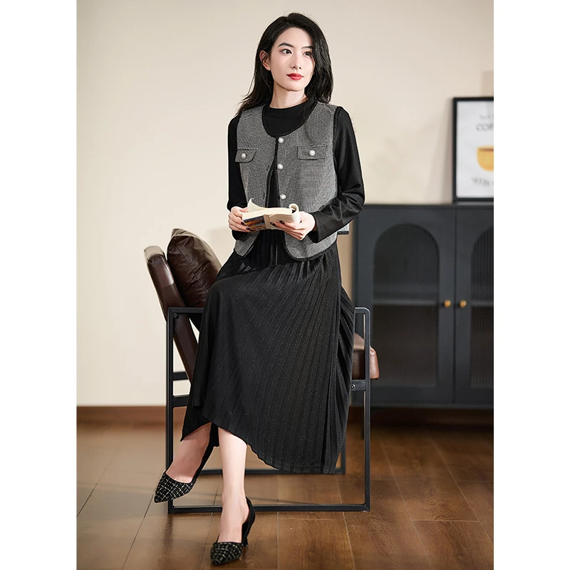 {两件套}迪欧芙2024秋冬新款马甲黑色长袖女套装连衣裙#QTZ17227