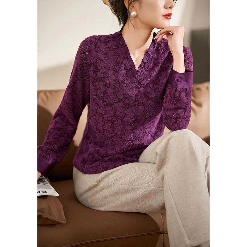 迪欧芙2024秋季新款雅致韵味绛紫色V领花边款长袖女衬衫#QSY17160