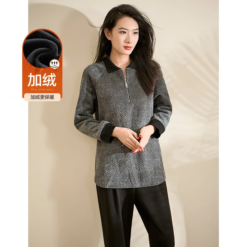 迪欧芙2024秋冬新款加绒加厚保暖灰色翻领款长袖女卫衣#DSY17591