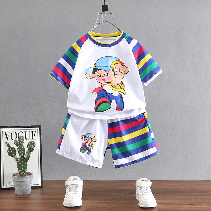 男童夏装短袖套装2025新款时髦小童条纹夏季半袖宝宝宽松夏天衣服