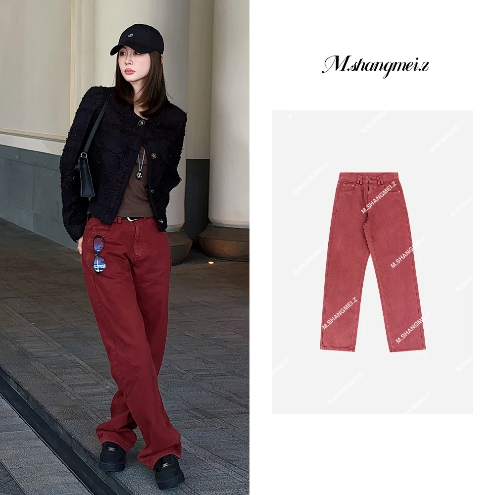 M.SHANGMEI.Z/沐熙【APT女团】美大哥显瘦高腰直筒红牛仔裤X101011