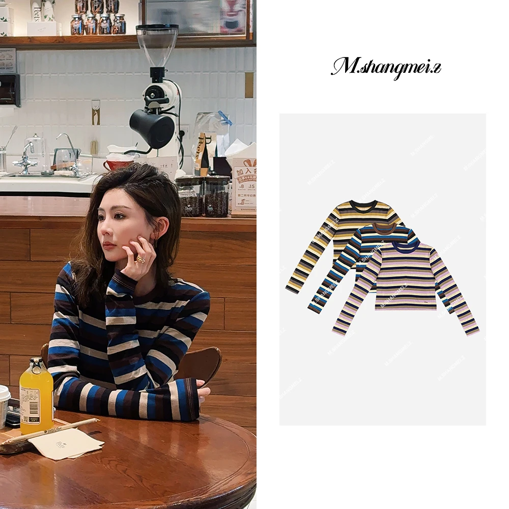 M.SHANGMEI.Z/沐熙【马卡龙】美大哥复古拼色百搭长袖条纹衣X111108