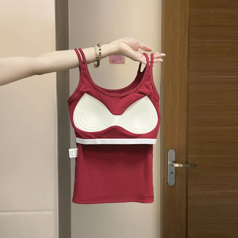 酒红色美背内衣文胸一体背心女外穿纯欲遮副乳外穿上衣2024年夏季