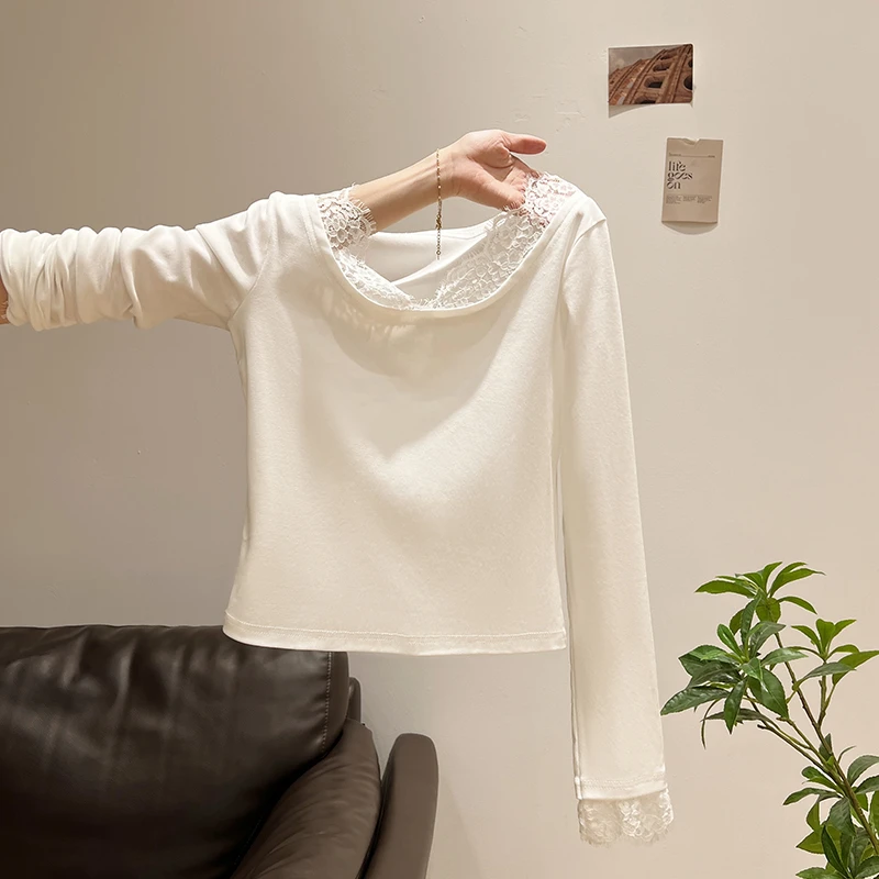 v领露锁骨蕾丝拼接性感长袖打底小衫t恤女秋冬季纯欲修身内搭上衣