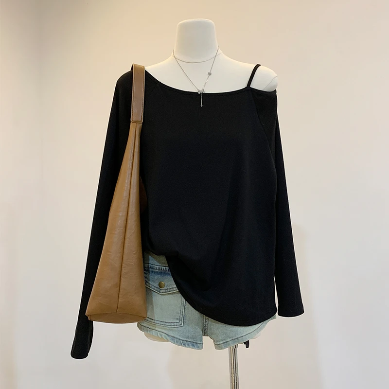 美式黑色斜肩打底长袖T恤女2024秋季宽松显瘦辣妹一字肩露肩上衣1