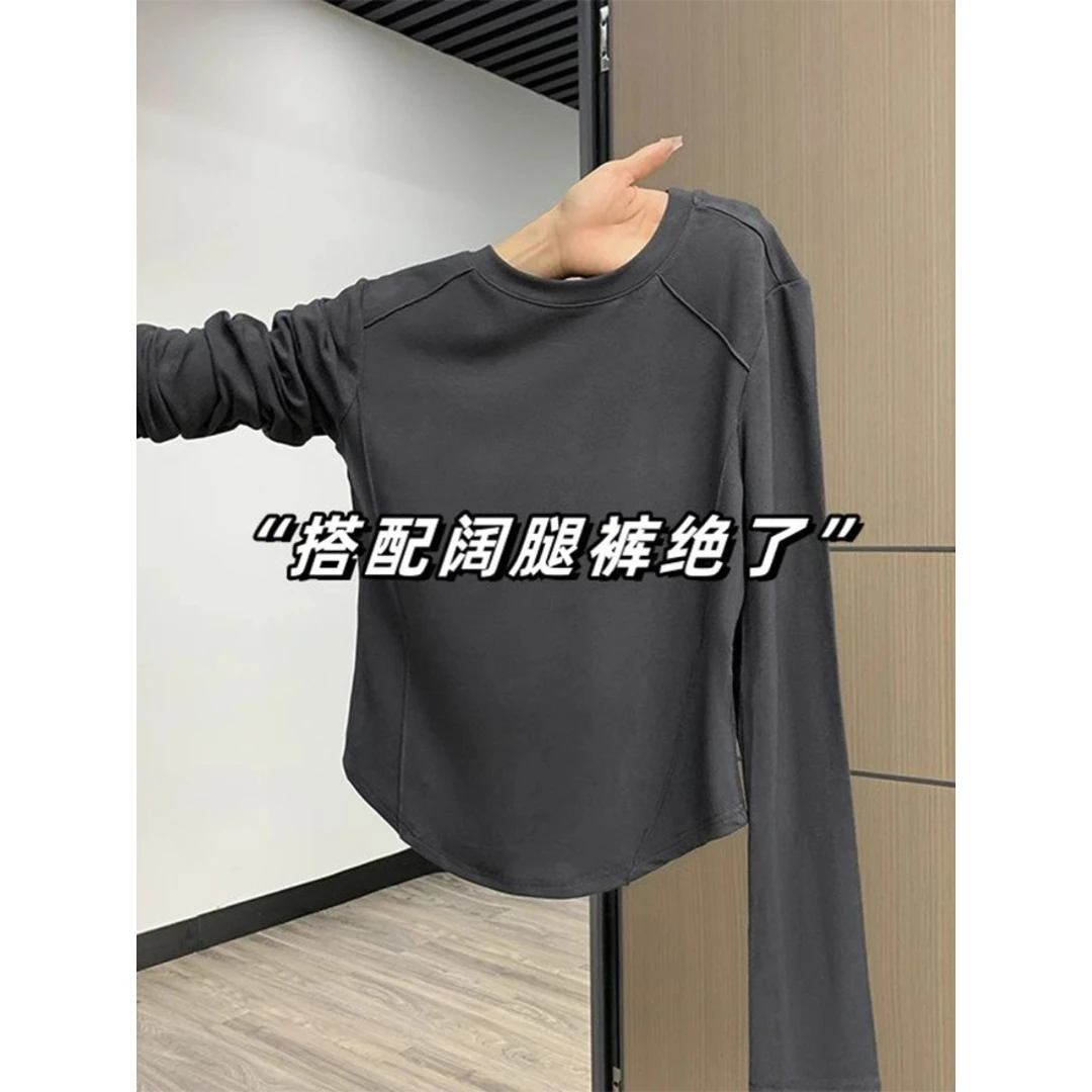 高级感鱼骨圆领长袖T恤女2024早秋新款不规则下摆打底衫正肩上衣