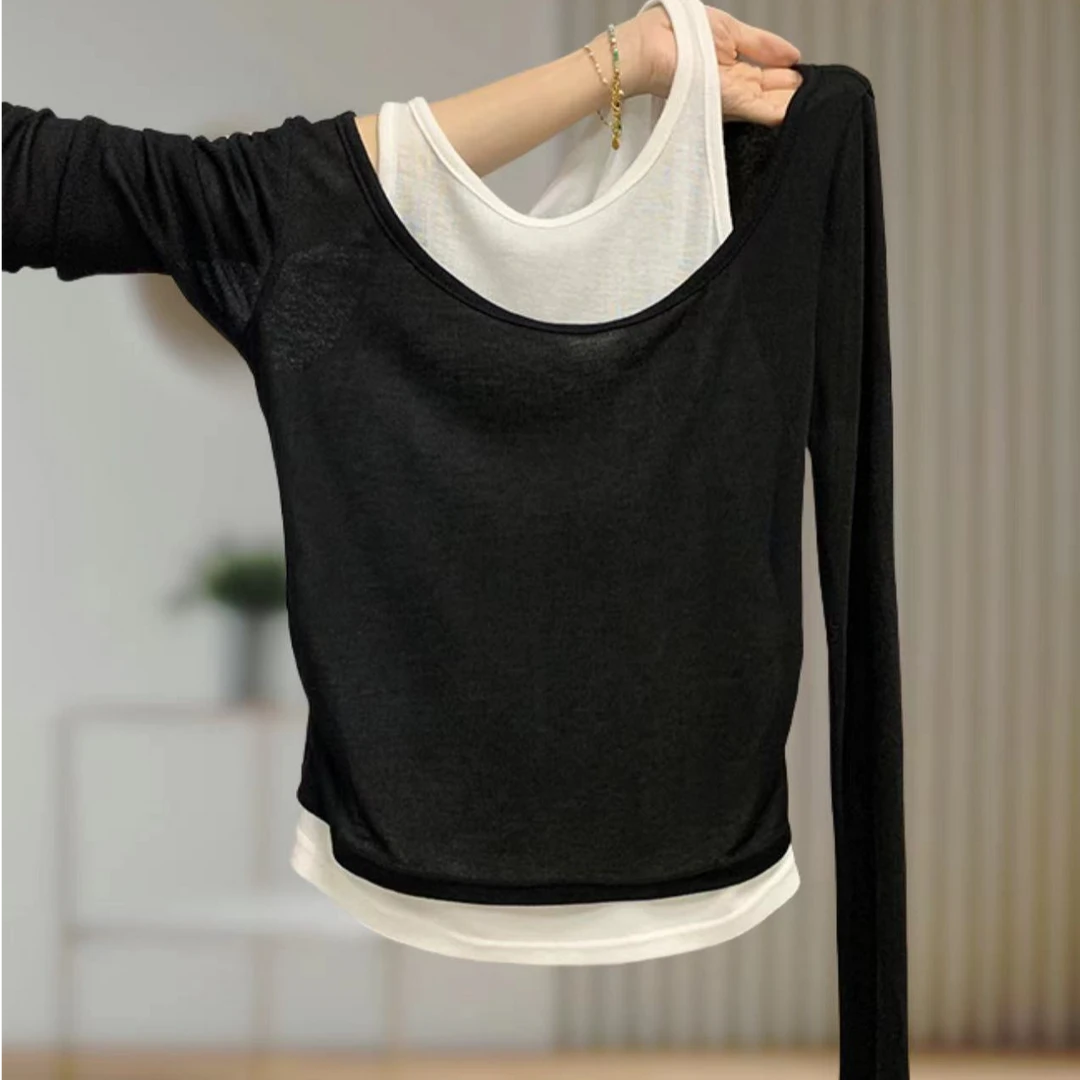黑色U领假两件长袖T恤女2024早秋修身纯欲拼色内搭显瘦打底衫上衣