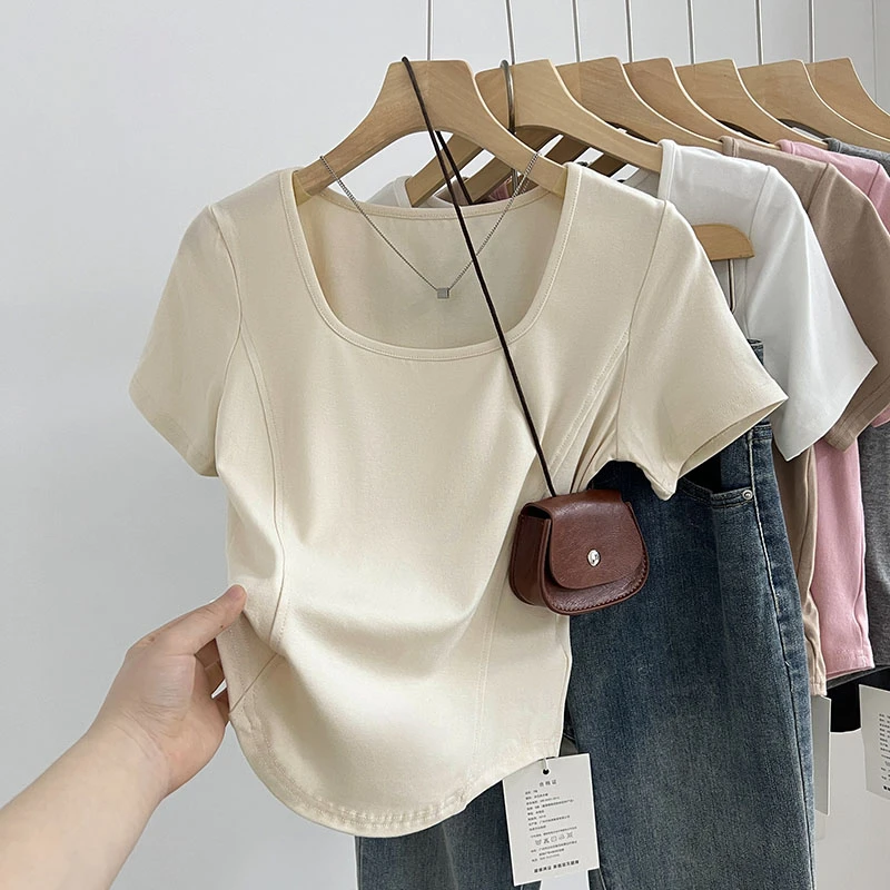 法式气质方领正肩鱼骨线收腰短袖t恤女2024夏季弧形下摆短款上衣1