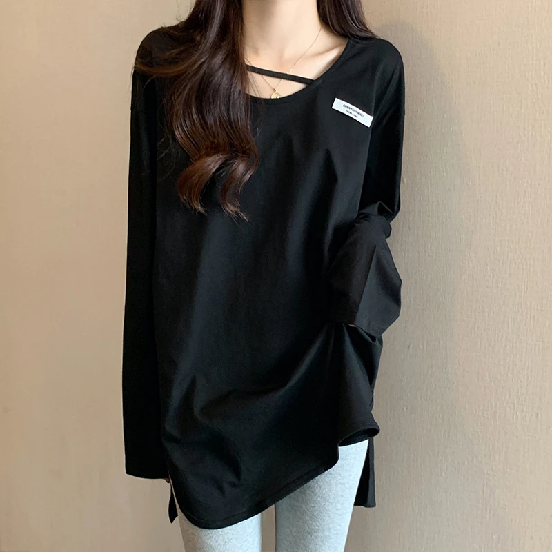 黑色v领遮屁股保暖长袖t恤女秋冬德绒加厚中长款洋气打底衫上衣服