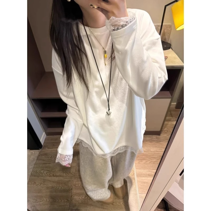 白色中长款圆领长袖T恤女秋冬蕾丝边加绒加厚内搭打底衫减龄上衣