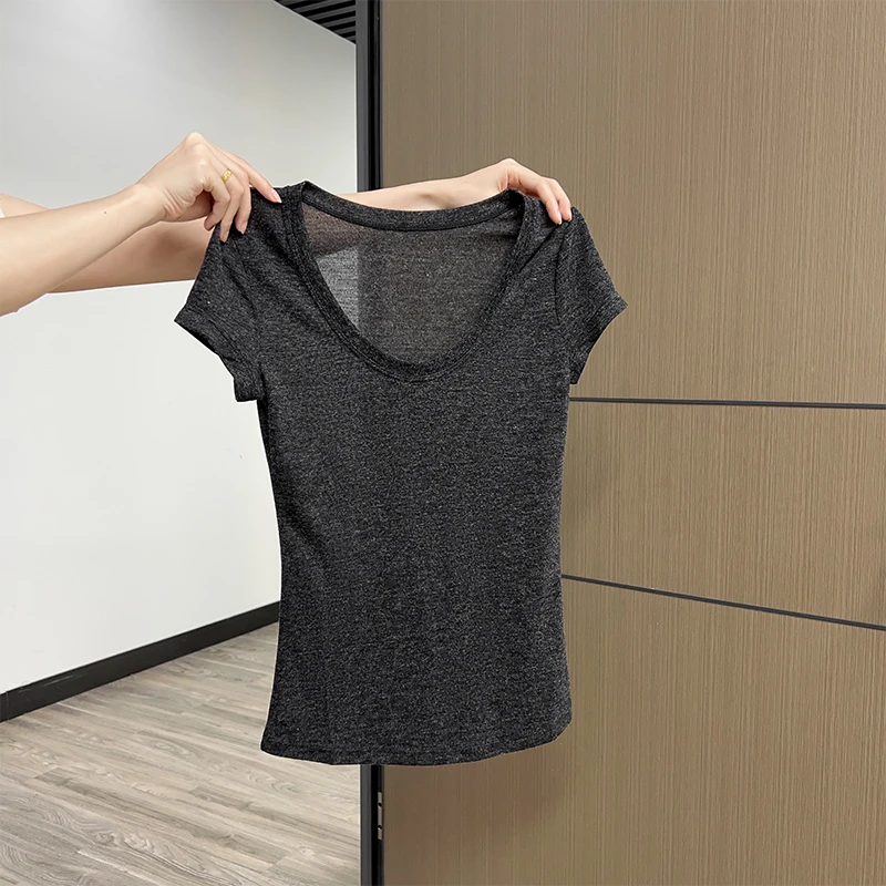 爱雅者夏季小心机微透收腰修身短袖T恤女2024新款深花灰薄款上衣