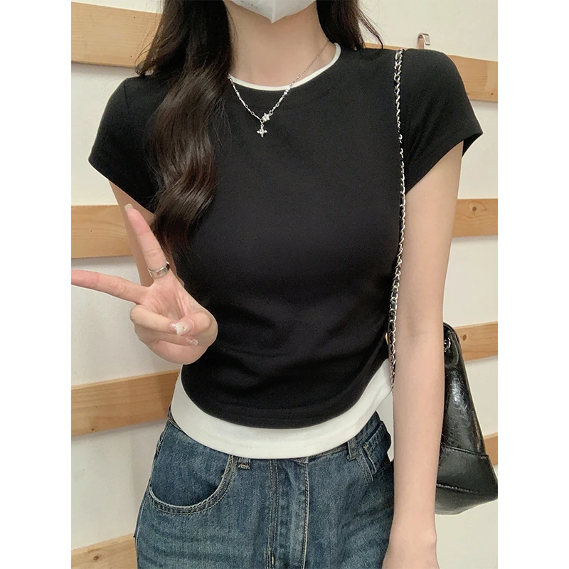 爱雅者黑色不规则褶皱收腰辣妹上衣女夏季假两件圆领正肩短袖t恤1