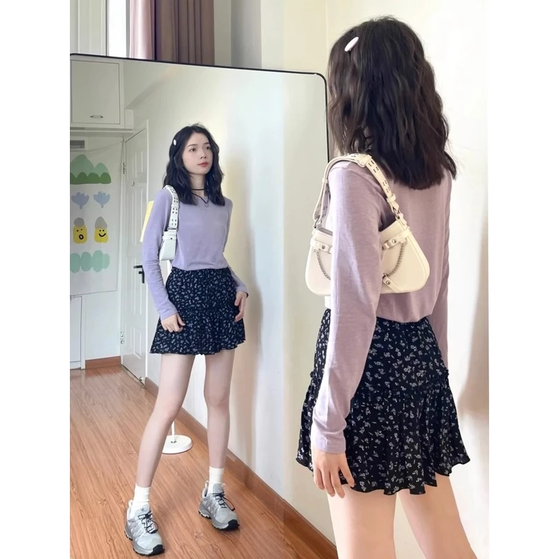 【爱雅者】纯色圆领慵懒风时尚洋气宽松薄款面膜长袖t恤打底衫上衣1