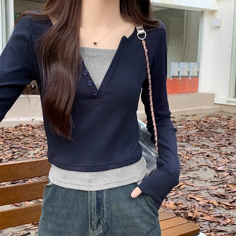 时尚百搭V领假两件长袖t恤女早秋修身显瘦半开领内搭打底衫上衣潮