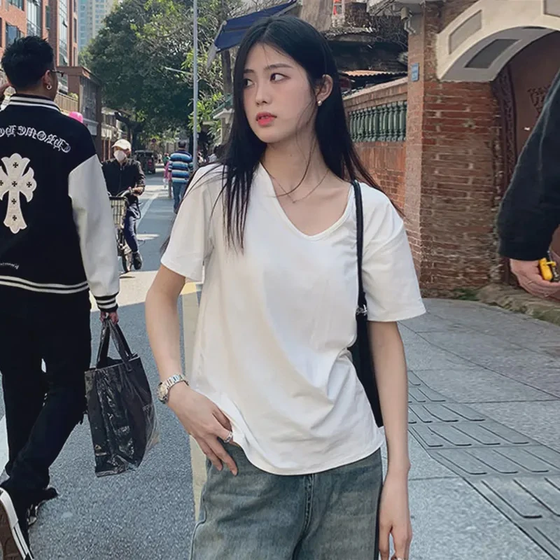 【爱雅者】韩系t恤女短袖V领夏季大领口宽松显瘦内搭纯色慵懒上衣潮