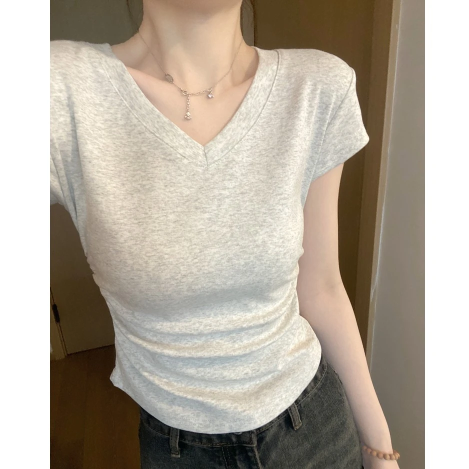 白花灰正肩V领短袖T恤2024夏季新款不规则设计感褶皱女装短款上衣