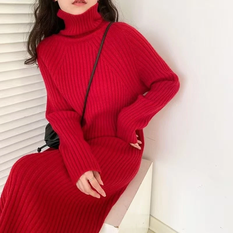 加厚过膝针织毛衣女宽松高领保暖连衣裙百搭气质冬季新款长款内搭