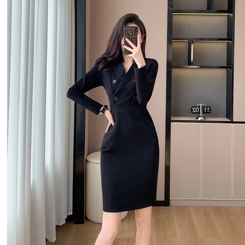 春秋长袖西装连衣裙高级感修身收腰名媛气质女神范职业包臀裙子
