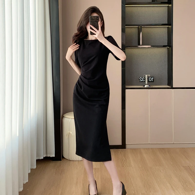 高档轻奢女装夏季黑色开叉连衣裙气质高级感时尚法式赫本风小黑裙