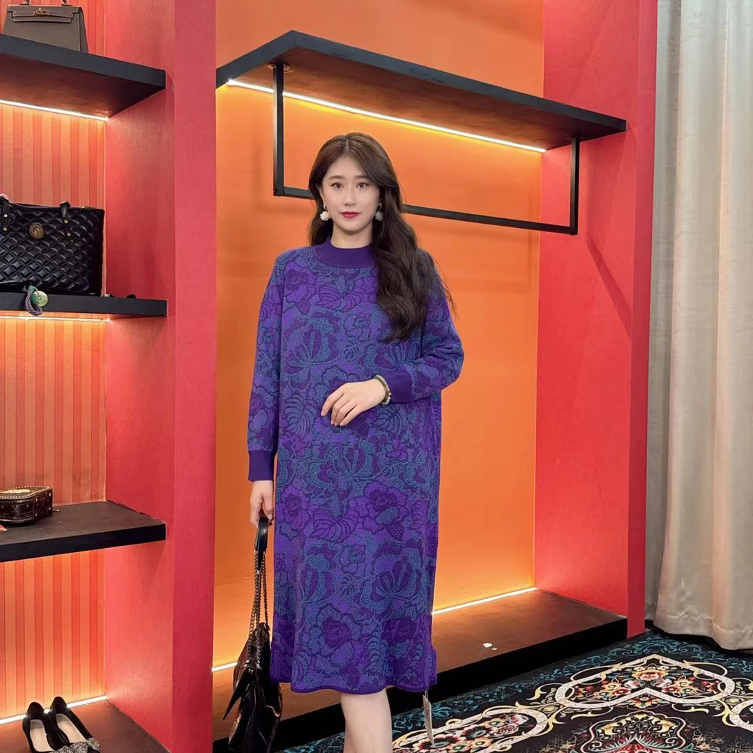 5361多金万针购刺绣彼岸暗夜紫色花秋冬季女装设计感连衣裙女