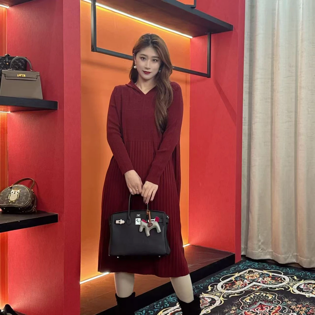 5025 多金大码气质连帽长款A字裙子秋冬季女装设计感连衣裙女