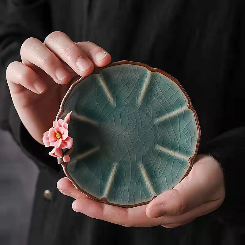 青瓷釉冰裂纹茶杯垫创意手捏梅花杯垫陶瓷茶托茶具零配件隔热片