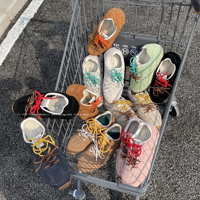 夏季百搭联名老爹鞋女双色鞋带牛皮阿甘鞋运动休闲德训鞋软底