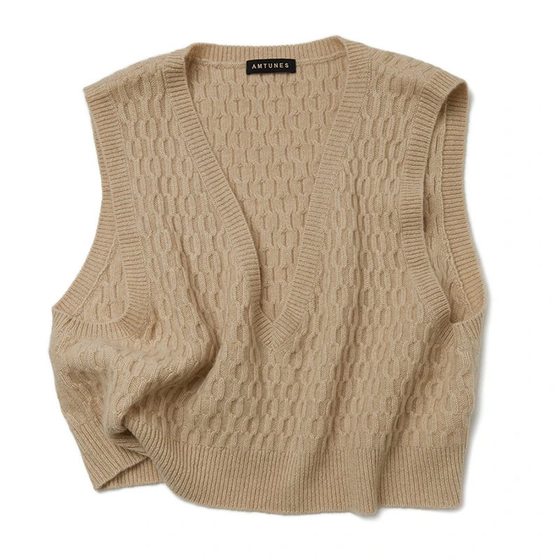 韵歌100%山羊绒V领绞花慵懒风宽松版针织背心马甲女12501