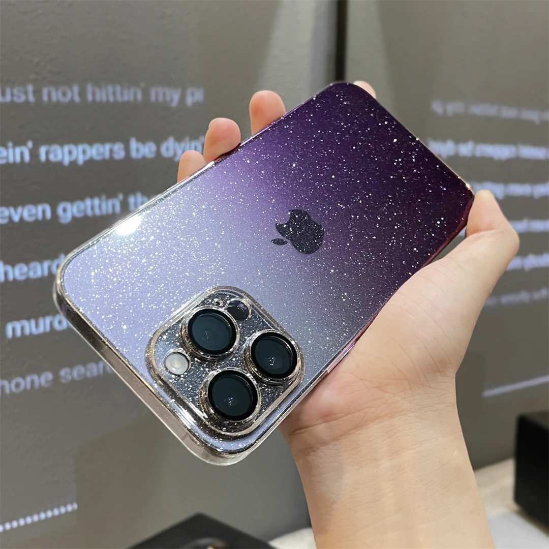 适用苹果14promax超薄透明细闪渐变镜头膜手机保护壳iPhone13/12