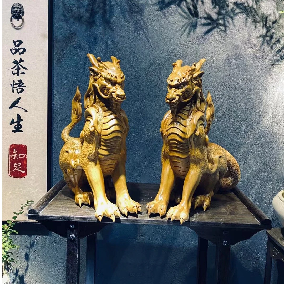 【刻禅出品】吉祥麒麟一对 手工雕刻香樟木根雕摆件
