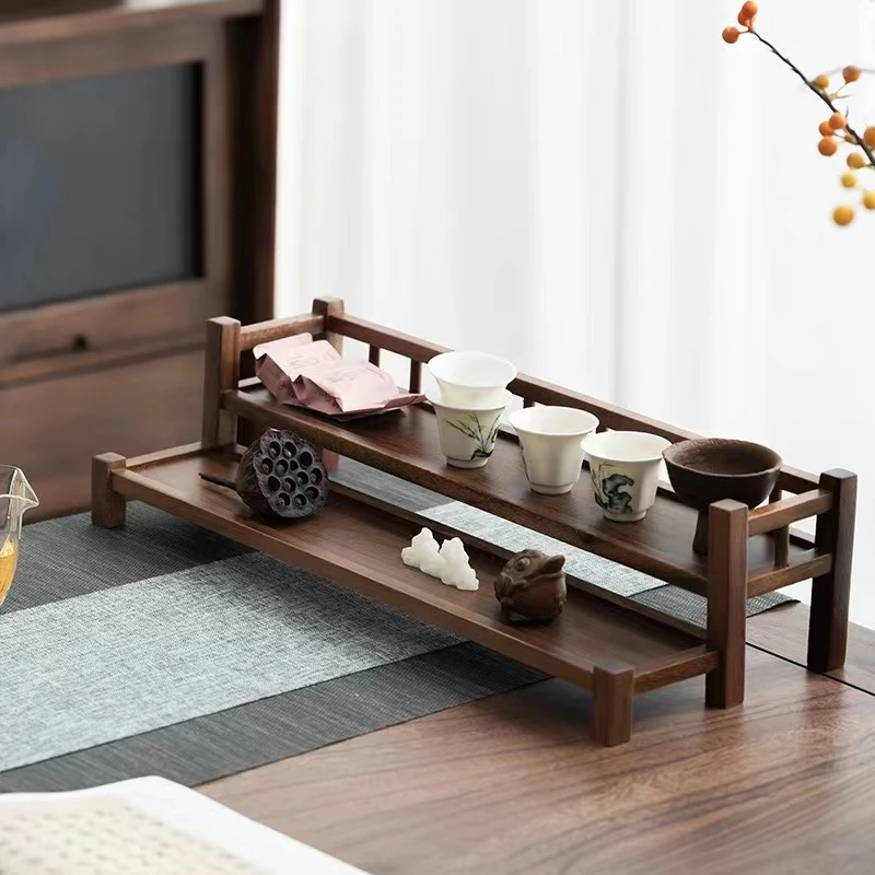 南美胡桃木梯形双层围栏置物架48*20*12cm HTJ-011