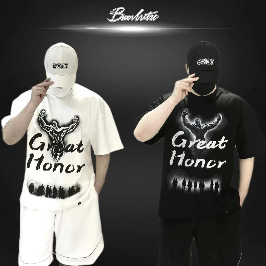 BXLT黑标“仰望荣光”造型风美式重磅宽松半袖情侣国潮时尚百搭t恤