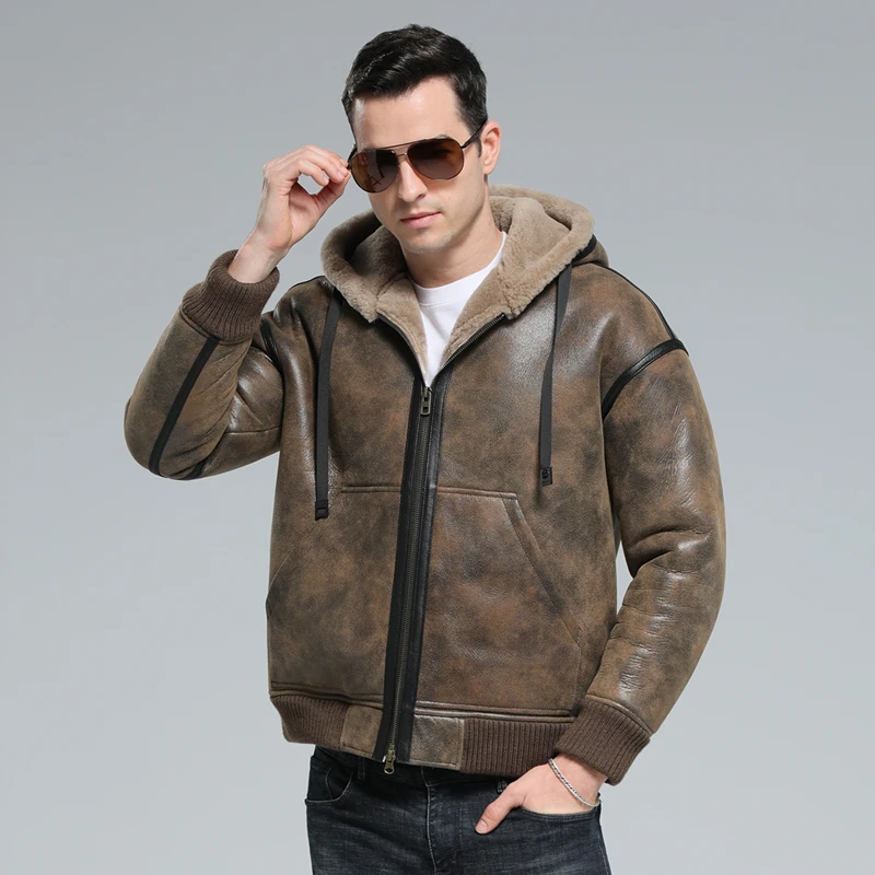 原生态皮毛一体外套男短款冬季连帽羊羔毛美式休闲真皮保暖皮夹克
