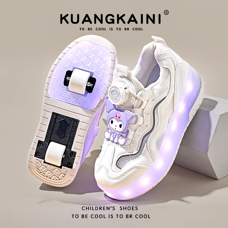 库洛米女童鞋子暴走鞋女孩6-12岁儿童小白鞋可收缩轮滑发光溜冰鞋