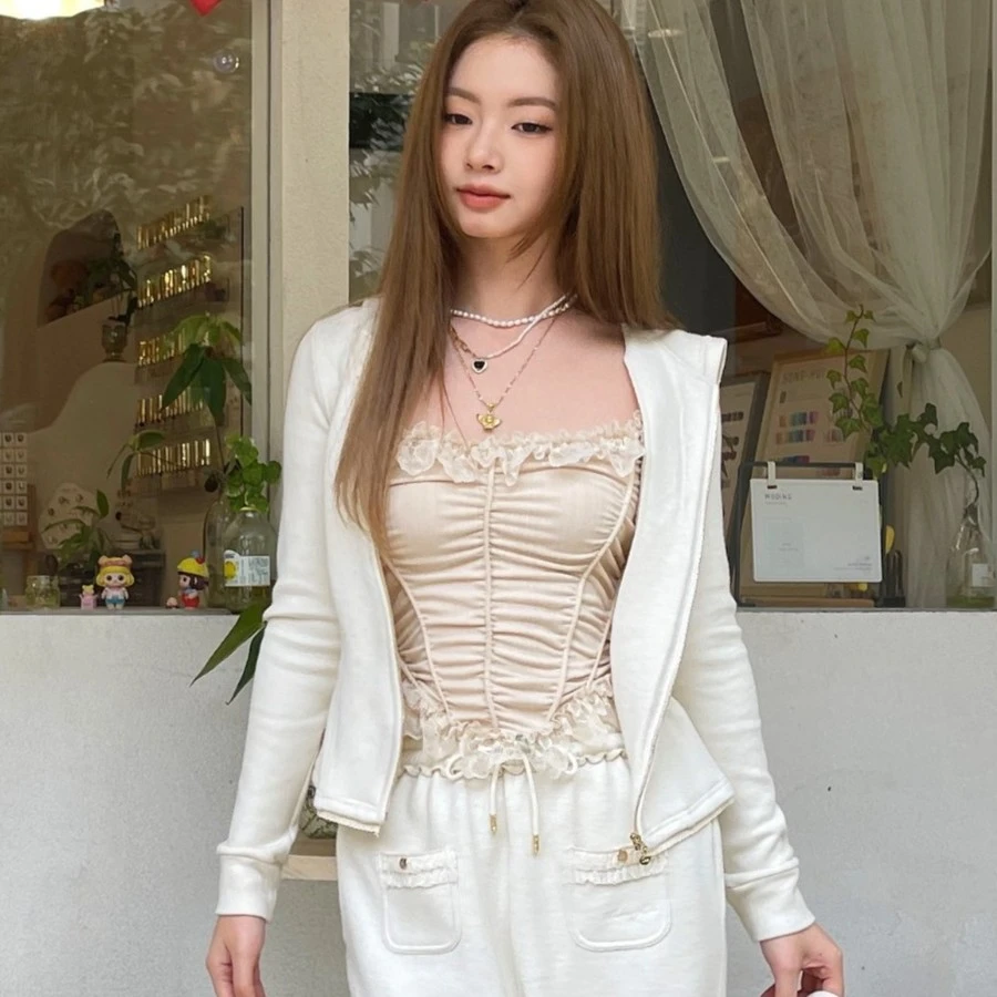 2025粉色蕾丝花边抽褶设计感纯欲性感收腰弹力内搭外穿吊带女