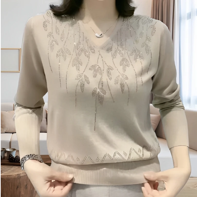 妈妈装针织打底衫女2024早秋季新款减龄保暖V领中年女士洋气上衣