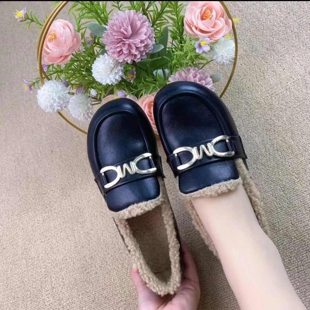 【老板娘自营】XD609新款妈妈软底冬季百搭平底一脚蹬毛毛豆豆鞋