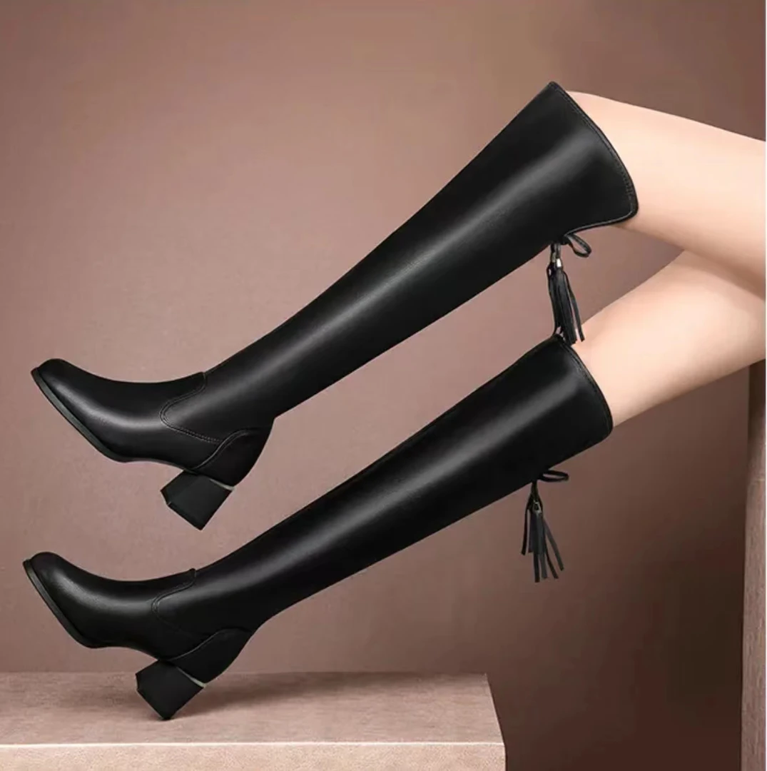 【老板娘自营】1508靴子女过膝皮靴圆头加绒高筒靴瘦腿粗跟瘦瘦靴