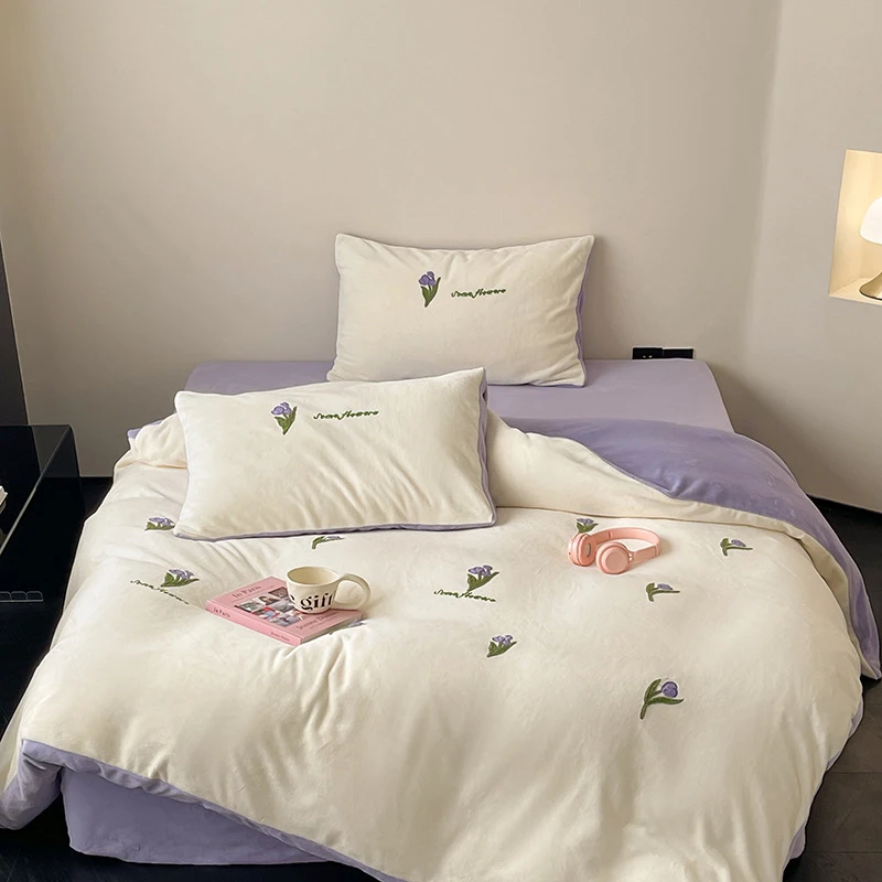 郁金香紫 高克重全消光牛奶绒气质少女风高级加厚保暖秋冬四件套