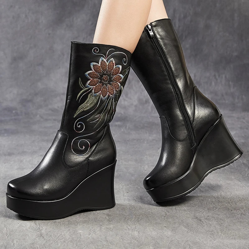 （跟高9厘米）头层牛皮复古舒适加棉789女靴鞋238（朝阳花）