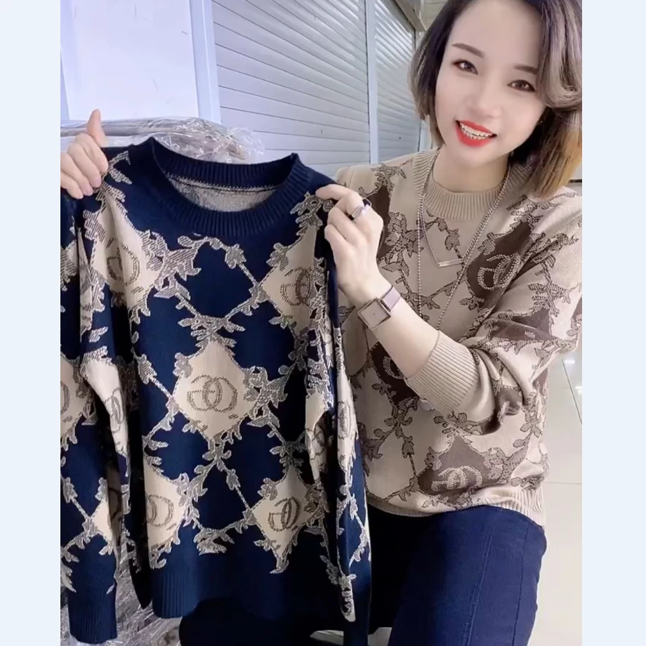 2025欧货洋气打底衫圆领花色春季毛衣女时尚百搭烫钻针织衫保暖