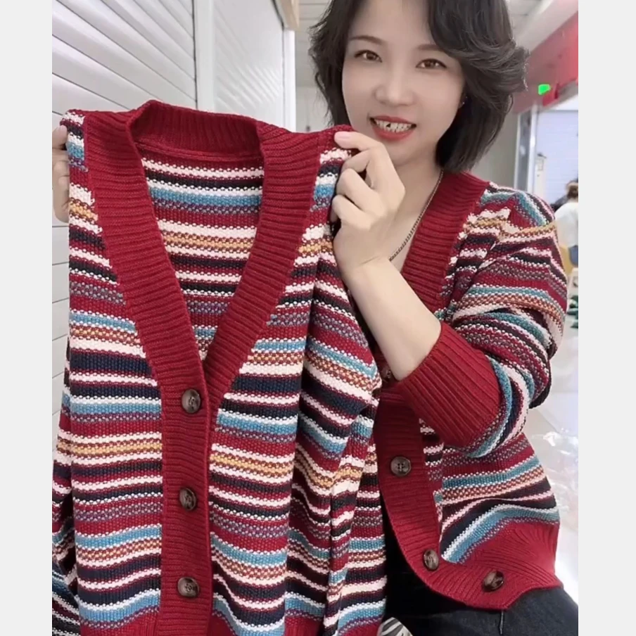 秋冬针织开衫女彩条纹百搭宽松上衣毛衣外套撞色复古休闲小衫红色